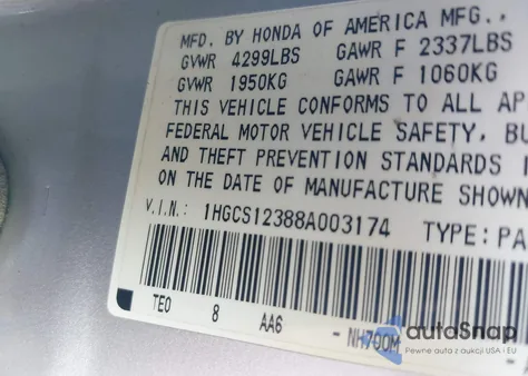 2008 Honda Accord 2.4 Lx-S из США, поврежденный, VIN 1HGCS12388A003174